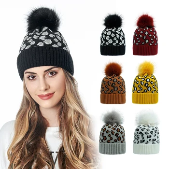 Ny mode varm hat leopard uld strikket hat ekstra store bold cap Kvinde Chunky Tyk Elastisk Hatte Sports Caps for kvinder