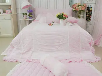 Ny sød pink sengetøj sæt luksus Europæiske broderi flæsekanter dynebetræk dobbelt lag blonder bed nederdel prinsesse seng ark sengetøj