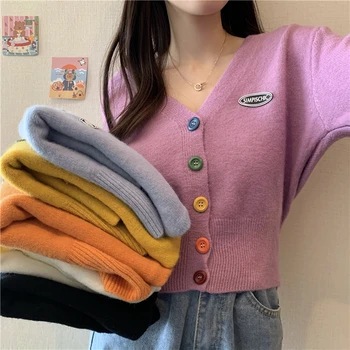 Nye koreanske Sød Cardigan Sweater Kvinder Single Breasted V-hals Lange ærmer Strikket Jakke S-4XL Kort Cardigan med 6 farver