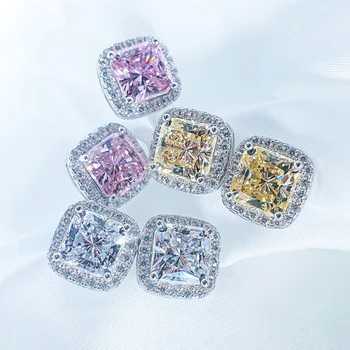 OEVAS 925 Sterling Sølv Bryllup Stud Øreringe Til Kvinder Gnister Fuld Zircon 7mm Pink Gul Hvid High Carbon Diamant Smykker