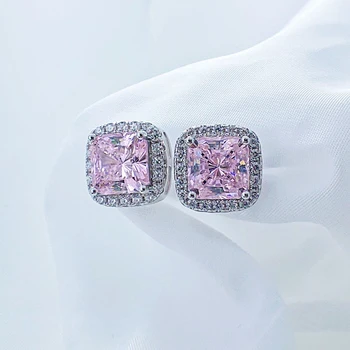 OEVAS 925 Sterling Sølv Bryllup Stud Øreringe Til Kvinder Gnister Fuld Zircon 7mm Pink Gul Hvid High Carbon Diamant Smykker
