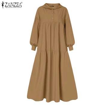 Overdimensionerede ZANZEA Kvinder Hooded Dress 2021 Foråret Casual Flæsekanter Maxi Vestidos Damer Retro Vintage Puff Ærmer Solid Lang Sundress