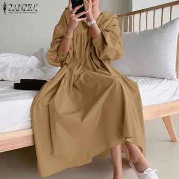 Overdimensionerede ZANZEA Kvinder Hooded Dress 2021 Foråret Casual Flæsekanter Maxi Vestidos Damer Retro Vintage Puff Ærmer Solid Lang Sundress