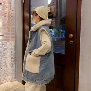 Oversize løs fortykket jean ærmeløs frakke kvinder koreanske preppy stil varm vest jakke Fashion store lommer vinter tøj