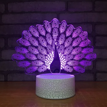 Peacock Nat Lampe 3D LED-Lampe 7 Farverige Bord Lampe For Børn Julegave Hvid Base med Touch Skifte Fjernbetjeningen