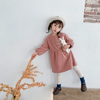 Pige Trykte Brev Kjoler Pink Farve Kjoler til Børn Pige Nye Stil Vinter koreansk-Stil Børns Rund Hals Fleece Kjole