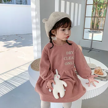 Pige Trykte Brev Kjoler Pink Farve Kjoler til Børn Pige Nye Stil Vinter koreansk-Stil Børns Rund Hals Fleece Kjole