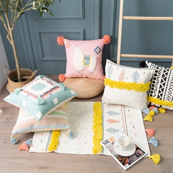 Pink Alpaca pudebetræk Broderet Pude cover med Kvaster blå Sofa Couch pige Bed Rektangel Home Decor 30x60cm