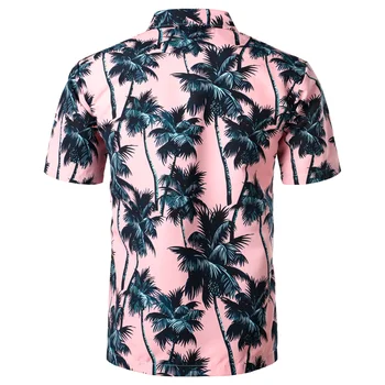 Pink Hawaiian Beach Kortærmet Skjorte Mænd 2019 Sommer Mode Palm Tree Print Tropiske Aloha Skjorter Herre Party Ferie Chemise