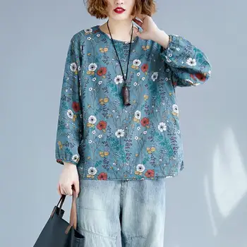 Plus Størrelse Lange Ærmer Blomster Tshirt Kvinder Tee Bomuld T-Shirt Femme Løs Casual Print T-Shirt Harajuku Damer Toppe I 2020