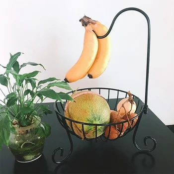 Praktiske Metal Frugt Kurv Aftagelig Banan Bøjle Opbevaring Organizer 2 i 1 Krog Træ Bøjle Med Skål med Frugt Kurv Stå