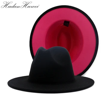 Rose Rød Mosaik Sort Hat med Bred Skygge Uldne Følte Fedora Hat i Overstørrelse Forår Sommer Efterår Vinter Hatte til Kvinder Elegant