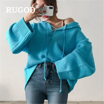 RUGOD Ins Løs Solid Strikket Kvinder Sweater koreanske V-hals Lace up Pullover Sweraters Med Hætte Kvindelige Invierno 2020