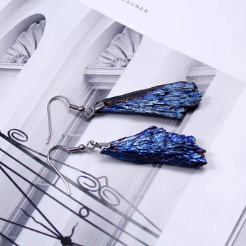 Runyangshi 1 par Naturlig sort turmalin galvaniseret blå Turmalin fjer øreringe øreringe til kvinder gaver