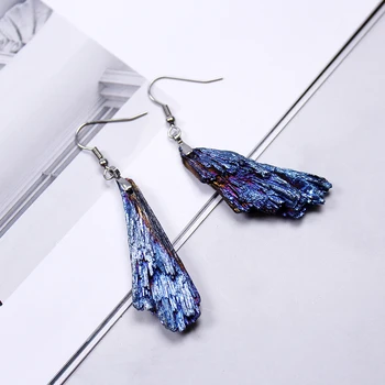 Runyangshi 1 par Naturlig sort turmalin galvaniseret blå Turmalin fjer øreringe øreringe til kvinder gaver