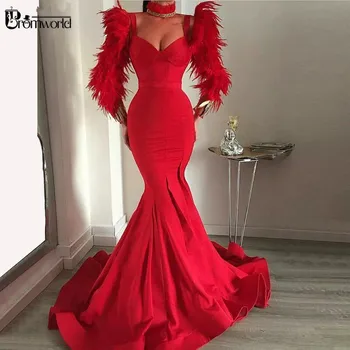 Rød Sexet Dubai Kjole til Aften i 2020 Lange Ærmer Fjer Formel Kjole Kæreste Satin Mermaid Party Prom Kjoler robe de soiree