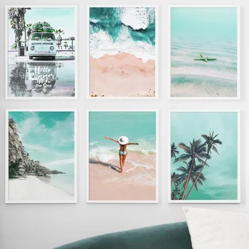 Sea Beach Girl Coconut Tree Nordiske Lærred Plakater Og Prints Væg Kunst Print På Lærred Maleri På Væggen Billeder Til Stue Indretning