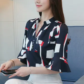 SEXMKL 2020 Kvinder Print Sommer Bluse Mode koreanske V-Hals Chiffon Bluser Flare Ærmet Damer Kontor Toppe Plus Size Shirts