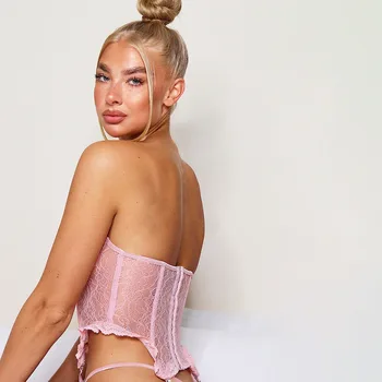 Sexy Blonde Lingeri Eksotiske Sæt Spænde Hænge Strømper Syet Afgrøde Rør Toppe g-streng, der Passer Pink Undertøj Sex Outfits til Kvinder