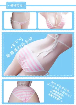 Shimapan Anime-Stil Blå Pink Stribet Jordbær Kvinders Lingeri Sæt 2STK Bh & Trusser Bikini Tie Version Søde piger