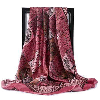 Silke Tørklæder Kvinder Print Foulard Satin Firkantet Hoved Hijab Tørklæder Til Damer Luksus Mærke Sjaler 90cm Bandana kvindelige lyddæmper Tørklæde