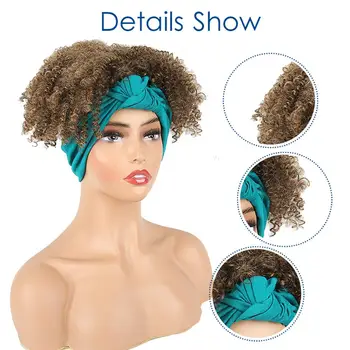 Snøre Afro Puff Hestehale Turban Syntetiske Korte Kinky Krøllet Hestehale Headwrap 2 i 1 Updo Hoved-Wrap for Afrikansk-Amerikansk