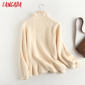 Tangada 2020 Efterår og Vinter chic kvinder rullekrave twist sweater tyk varm vintage ladies løs strikket jumper toppe BC95