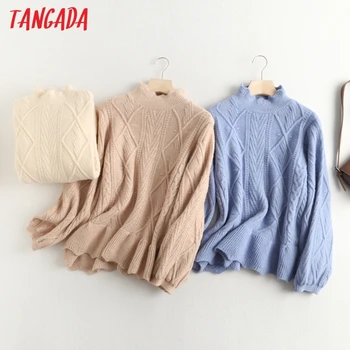 Tangada 2020 Efterår og Vinter chic kvinder rullekrave twist sweater tyk varm vintage ladies løs strikket jumper toppe BC95