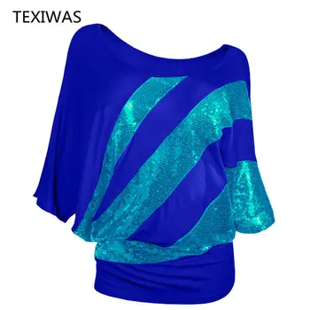 TEXIWAS 2020 Kvinder Plus Size Glitter Off Skulder Batwing Shirts Sequined Toppe Female Tunika T-Shirt Løs Streetwear