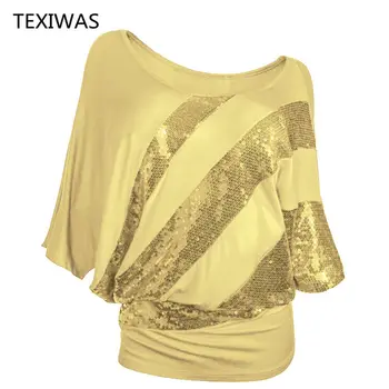 TEXIWAS 2020 Kvinder Plus Size Glitter Off Skulder Batwing Shirts Sequined Toppe Female Tunika T-Shirt Løs Streetwear