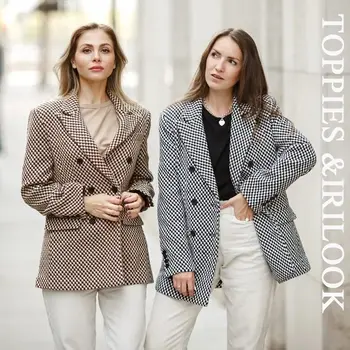Toppies 2020 vintage Houndstooth uldne Jakke dobbelt breasted lang frakke kvinder outwear vinter tøj