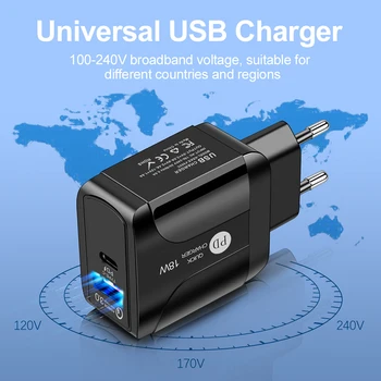 USB/Type-C Hurtig Oplader QC3.0+18W PD Hurtig Opladning EU USA UK Stik Traval Oplader Til iPhone, Samsung, Huawei Telefon Oplader