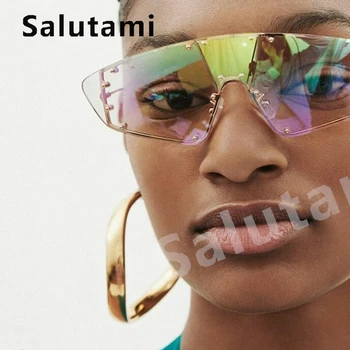 Vintage Ét Stykke Oversize Solbriller Til Kvinder 2019 Luksus Mærke Nitte Guld Spejl Solbriller Mænd Mode Fladskærms Hip Hop Nuancer