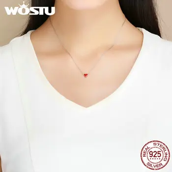 WOSTU Ægte 925 Sterling Sølv, med Søde Røde Hjerte Emalje Vedhæng Til Kvinder Mode Oprindelige Kæde Fine Smykker Gave CSN050