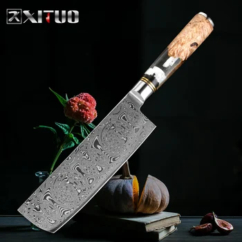 XITUO Køkken Kokkens Kniv Pulver Damaskus Stål Rose Mønster Professionelle Kinesiske Skarpe Cleaver Knive Gennemsigtig Håndtag
