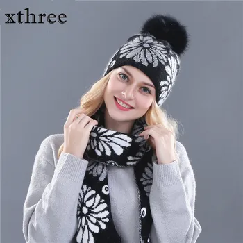 Xthree kvinder er vinter hat eller tørklæde til pige beanie uld Strikket hat og 15 cm ægte pels pom pom