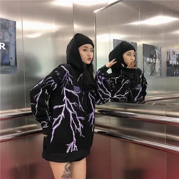 Yangelo Vinter Kvinders koreanske Ins Harajuku Streetwear Mørke Lyn Print Hætte Sweatshirt Mode Løs Kvinders Sweatshirt