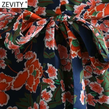 Zevity Kvinder Vintage V Hals Blomster Print Vinger Kimono Kjole Kvindelige Lange Ærmer Lynlås Vestido Chik for En Linje Kjoler DS4809