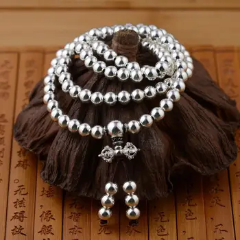 Ægte 925 Sterling Sølv, Multi-Lag Rundt 108 Perler Armbånd Til Kvinder Buddhistiske Håndlavet DIY-Beaded Smykker